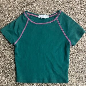 Urban Renewal Green Short Sleeve Cropped Top with Pink Stitching